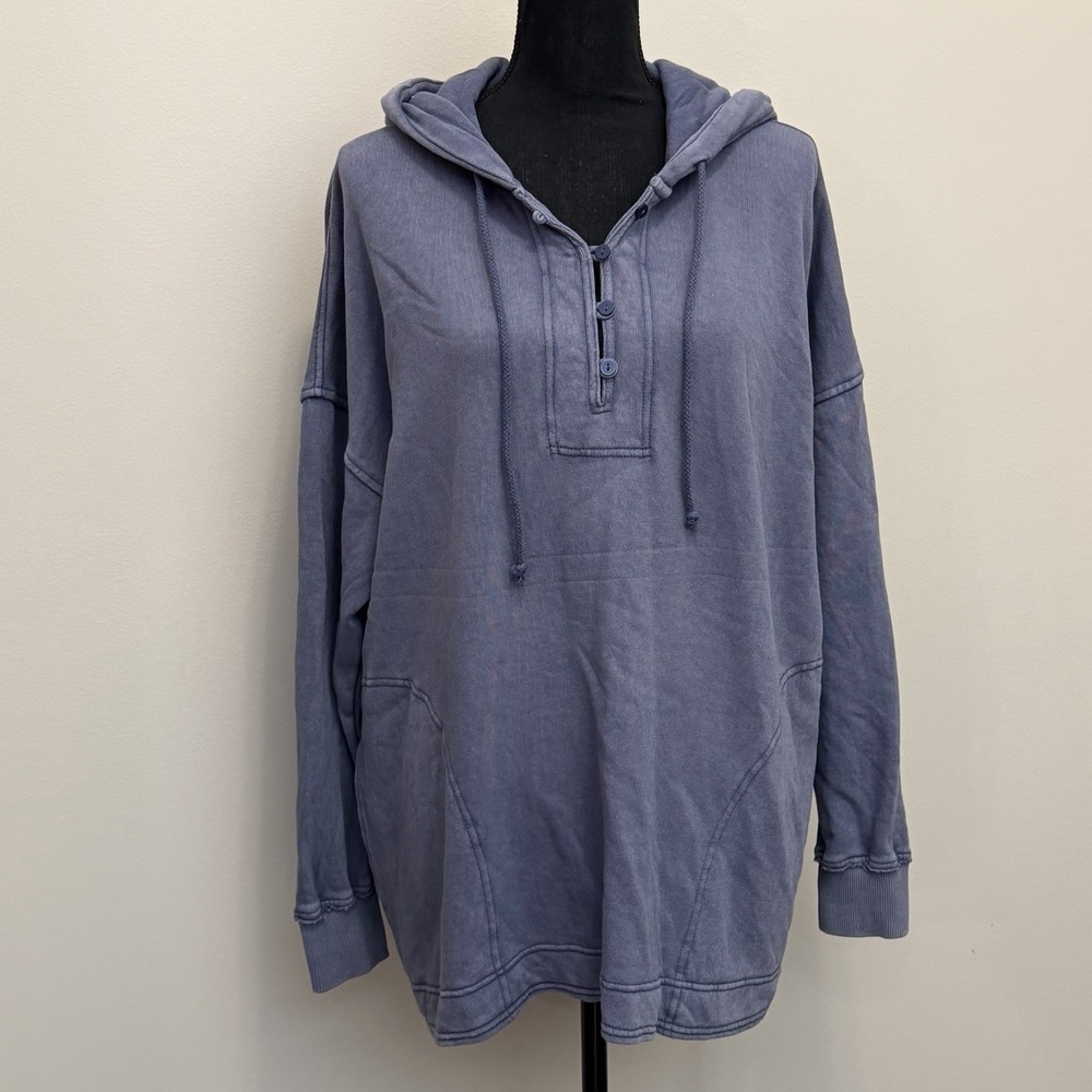 Aerie Women's‎ M Blue Hoodie Sweatshirt Henley Distressed Drop Shoulder Pockets